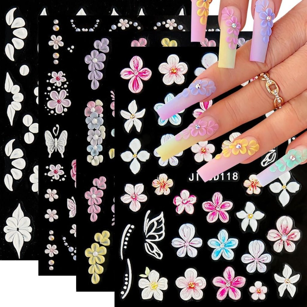 5d Flower Nail Art Stickers 5d Embossed Pink White Flowers Nail Decals Hibiscus